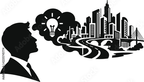 Architect Thinking of Smart City Planning with Lightbulb Idea and Urban Skyline Vector Illustration, Businessman Urban Development Innovation Concept