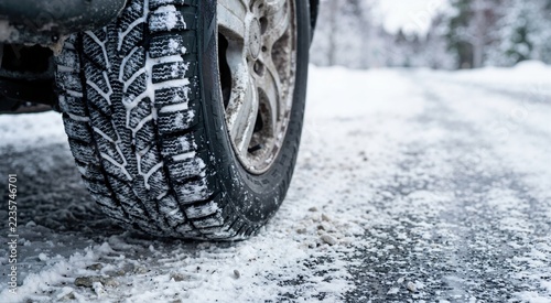 Close view of snow packed winter tire tread beside a car wheel. Winter tire equipment and traction detail