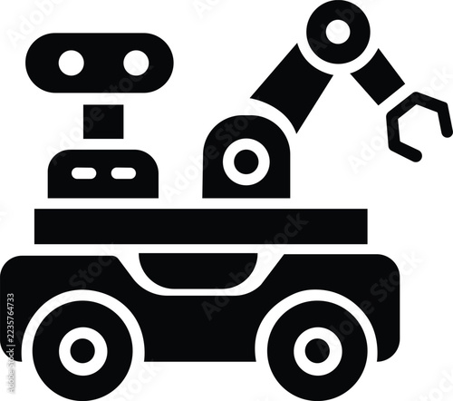 Industrial Mobile Robot with Articulated Robotic Arm and Gripper Black Vector Icon