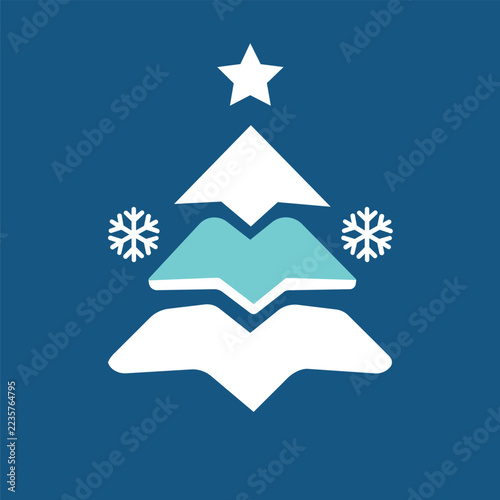 Minimalist Christmas Tree with White Star and Snowflakes Winter Vector Emblem