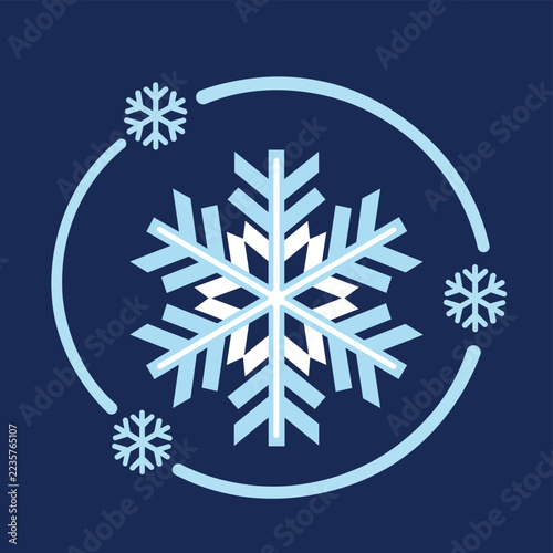 Geometric Snowflake in Circular Ring with Small Snowflakes on Navy Blue Background
