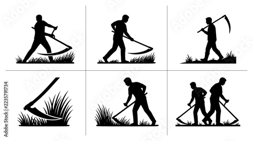 Fotografie Farmer scythe silhouettes set with figures mowing grass, agriculture and harvest