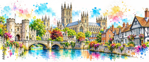 Canterbury High Key Watercolour Skyline Illustration