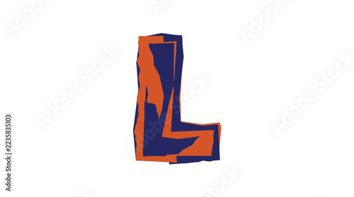 Letter L in Ransom Note Collage Style with Torn Blue and Orange Paper Cutouts Isolated on White Background