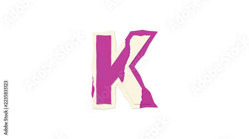 Letter K in Torn Paper Ransom Note Style, Magenta Pink Collage Alphabet Character Isolated on White