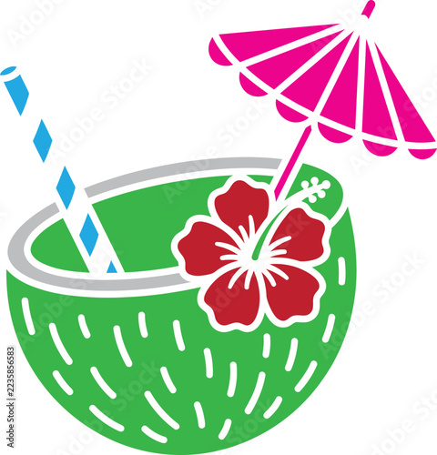 Fresh coconut drink with a colorful paper umbrella and tropical hibiscus flower icon