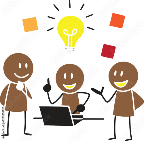 Three happy people working together on a laptop with a bright idea light bulb icon