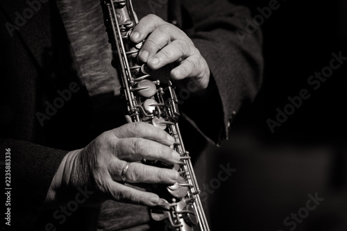 Canvas Print Black and white close-up of saxophonist's hands playing saxophone during a live jazz performance