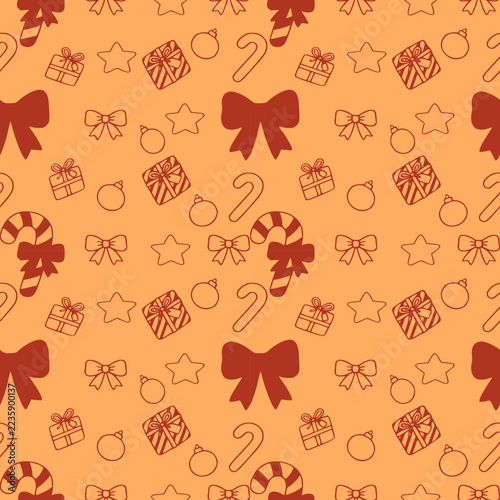 Seamless holiday background with cute doodle ornaments on orange