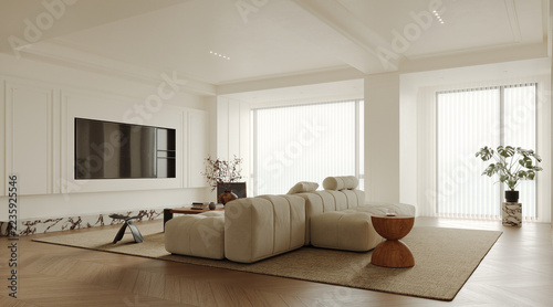 Modern White Living Room Interior with Contemporary Furniture, 3D Rendering
