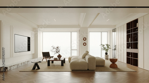 Modern Luxury White Living Room Interior with Contemporary Furniture, 3D Rendering
