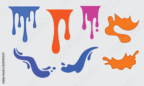Colorful paint drips and liquid splashes set on a light gray background