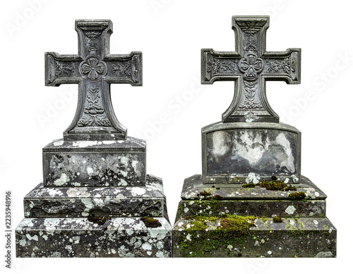 Two stone grave markers with cross shapes stand side by side on weathered stone base, isolated on transparent or white backgrounds