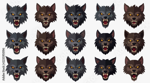 Fierce Howling Wolves Heads Collection in Dark Shades for Fantasy Art and Design