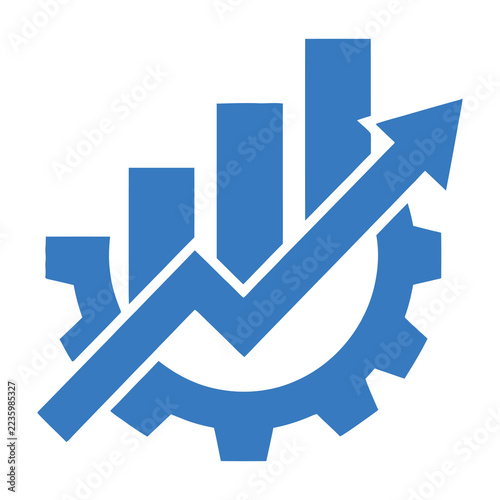 Business growth icon featuring a rising financial bar chart inside a gear wheel