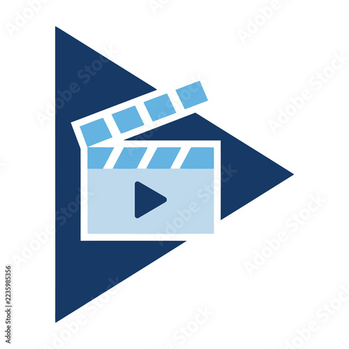 Movie clapper board on blue triangle background with play button