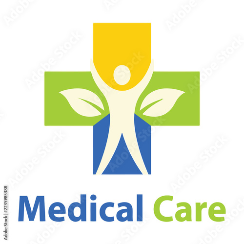 Medical Care Logo Design Featuring A Human Figure And Leaf Inside A Cross Shape
