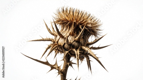 Macro shot of dried milk thistle flower on white background. Spiky brown plant head with sharp thorns, textured botanical details. Rustic wild herb stem shows prickly organic pattern. Natural autumn