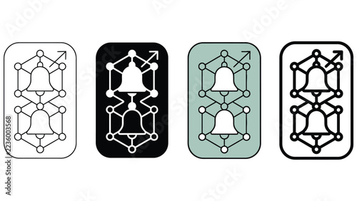 Set of four minimalist bell icons connected with geometric network structure lines