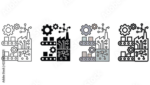Set of industrial icons representing smart factory automation and digital manufacturing process