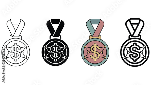 Set of four different stylized medal icons featuring dollar signs and network connection patterns
