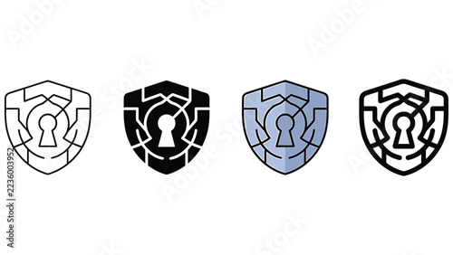 Set of four digital shield security icons featuring a keyhole design for cyber protection