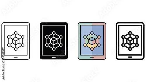 Set of four digital tablet icons displaying a three dimensional geometric cube structure design