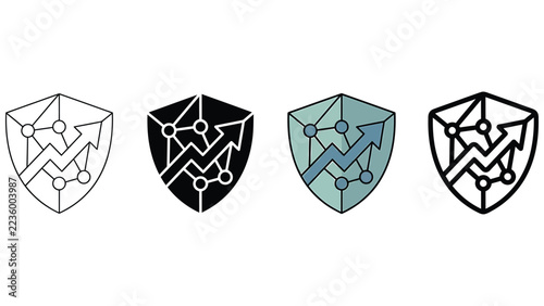 Set of abstract shield icons with growth arrows and digital network nodes