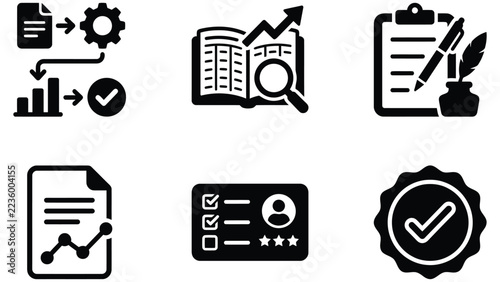 Set of six black business and management icons representing data analysis and project workflow