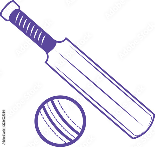Minimalist purple cricket bat and ball illustration icon isolated on white for sports equipment and activity design concepts
