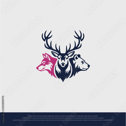 Stylized Wildlife Animal Mascot Logo Design Featuring Deer Wolf and Bear Heads for Sports and Gaming Branding