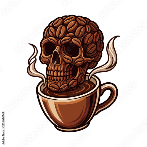 Skull made of roasted coffee beans rising from steaming cup of coffee, spooky coffee lover and cafe illustration