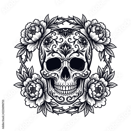 Black and white sugar skull ornamented with peonies, leaves and thorny vines, Day of the Dead floral line art illustration
