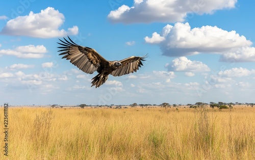 A majestic vulture with widespread wings soars over golden grasslands of the African savanna, with acacia trees dotting the horizon under a vibrant blue sky with fluffy clouds