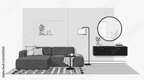 Elegant Gray Sectional Sofa with Decorative Accents in Contemporary Living Space