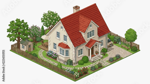 Charming Two Story House with Isometric Garden and Cozy Patio