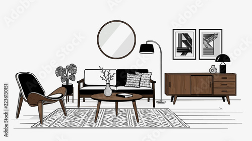 Elegant Mid Century Modern Living Room Interior Line Art with Wooden Furniture