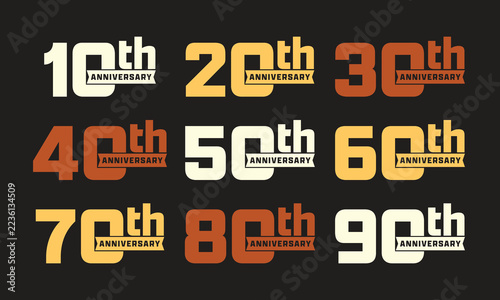 10th to 90th Anniversary Milestone Typography Set, Bold Ordinal Numbers with Ribbon Labels in Cream, Gold and Rust Vector Collection