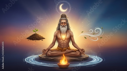 Indian Ascetic Meditating with Five Elements – Spiritual Wisdom Illustration.
