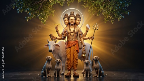 Lord Dattatreya with Three Faces, Six Arms and Four Dogs – Golden Divine Portrait.