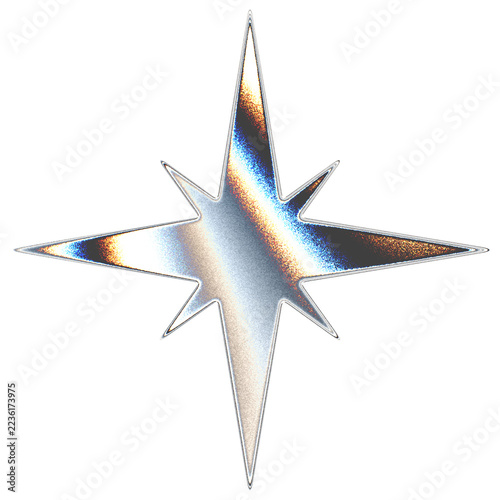 Shiny metallic star symbol with a futuristic holographic texture and sharp pointed rays for modern designs