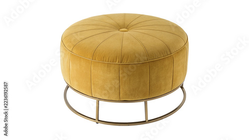 Obraz na plátně Cozy modern round mustard yellow velvet upholstered footrest ottoman pouf isolated on transparent background