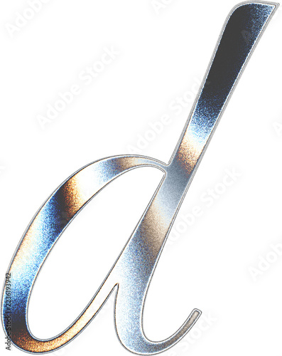Glossy metallic silver cursive lowercase letter d with shiny reflective surface on white