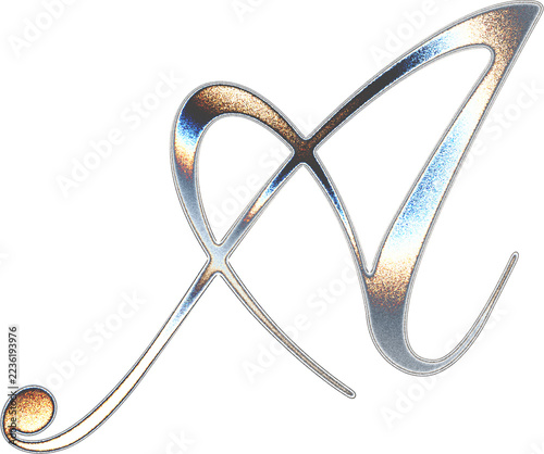 Elegant cursive letter A with a metallic gold and silver textured finish, isolated design element