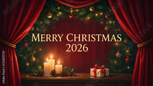 Merry Christmas 2026 Banner with Candles and Red Curtains