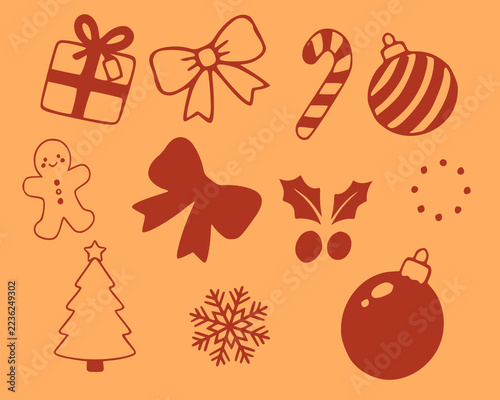 Cute Christmas vector icon collection with tree, gift, and holiday ornaments on orange tone