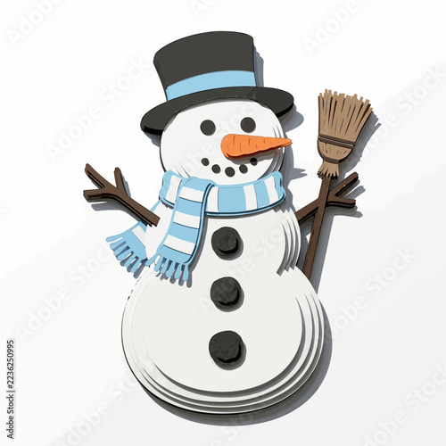 Cute snowman with carrot nose, scarf, hat, broom, winter decoration