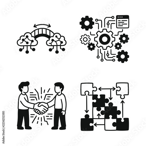 Set of business technology icons including cloud bridge and gears.