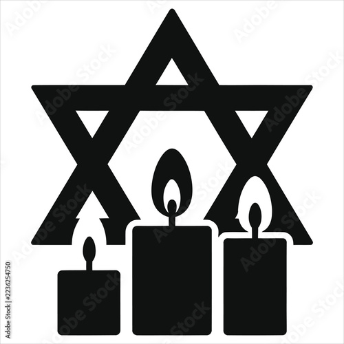 Minimalist Black and White Vector Illustration of Star of David with Festive Hanukkah Candles and Flames