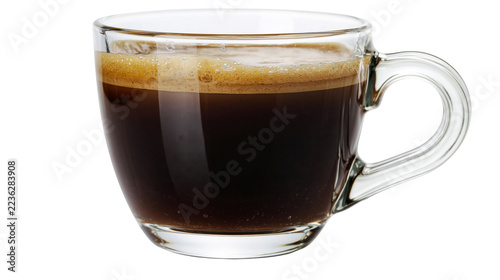 Fotografie Clear glass cup filled with hot black espresso coffee with golden brown crema
